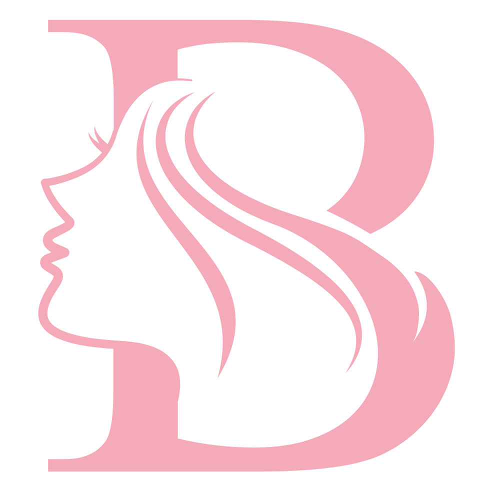 Rosa Buchstabe B mit dem stilisierten Profil einer Frau und wehendem Haar.