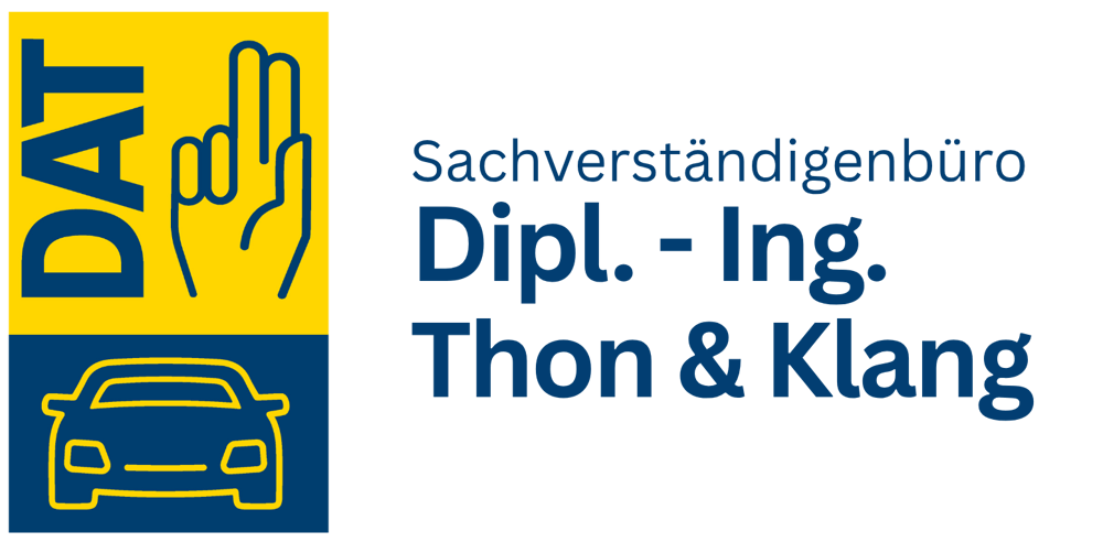 Logo "DAT Sachverständigenbüro Dipl.-Ing. Thon & Klang" mit gelbem Feld, blauer Hand und Auto.