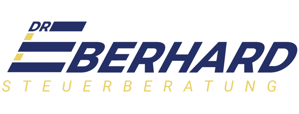DR EBERHARD STEUERBERATUNG Logo in Dunkelblau und Gelb auf grünem Hintergrund.