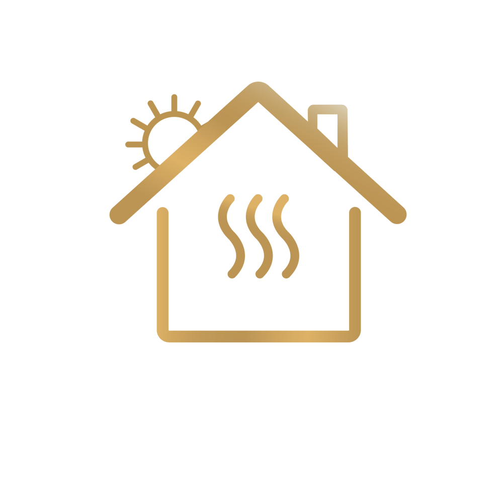 Goldene Kontur eines Hauses mit Sonne, Rauch und „WärmeSchmiede“ auf grünem Hintergrund.