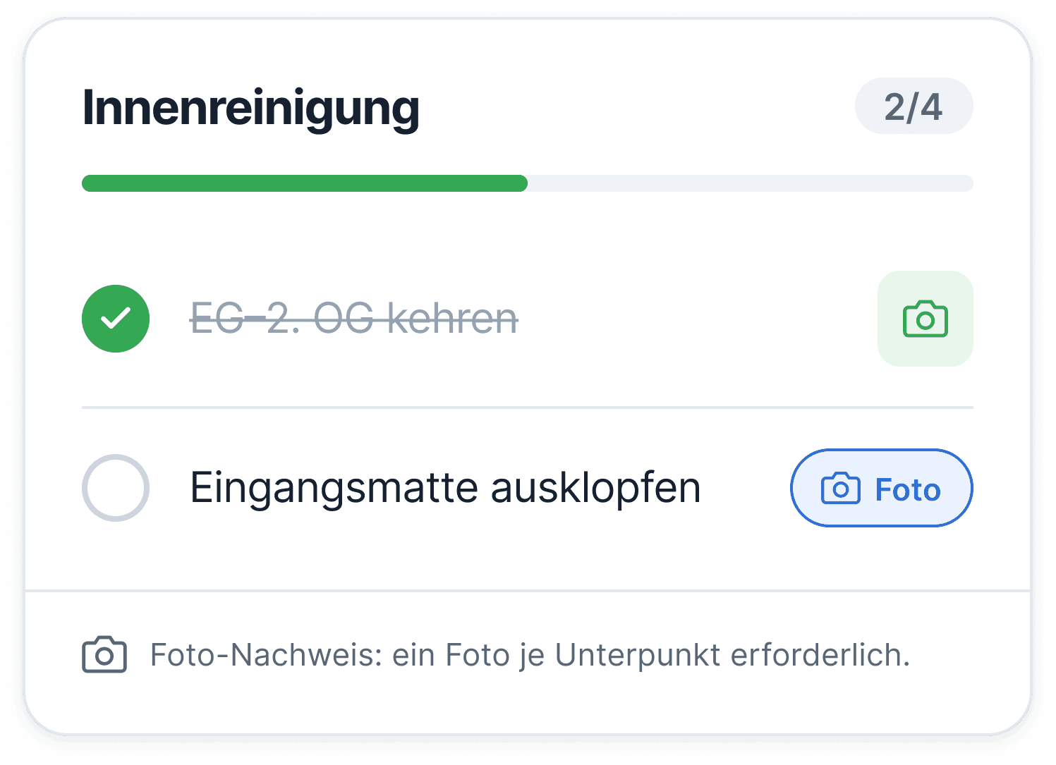 Innenreinigung: Fortschritt 2 von 4, zwei Unteraufgaben und Foto-Nachweis je Unterpunkt