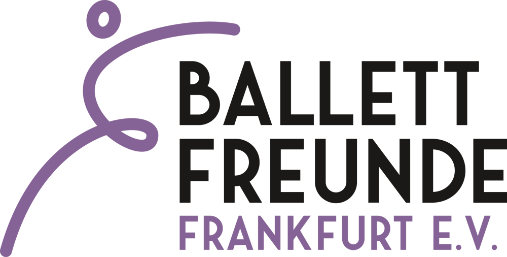 Logo "BALLETT FREUNDE FRANKFURT E.V." mit violetter Figur, die einen Tänzer darstellt. Frankfurt