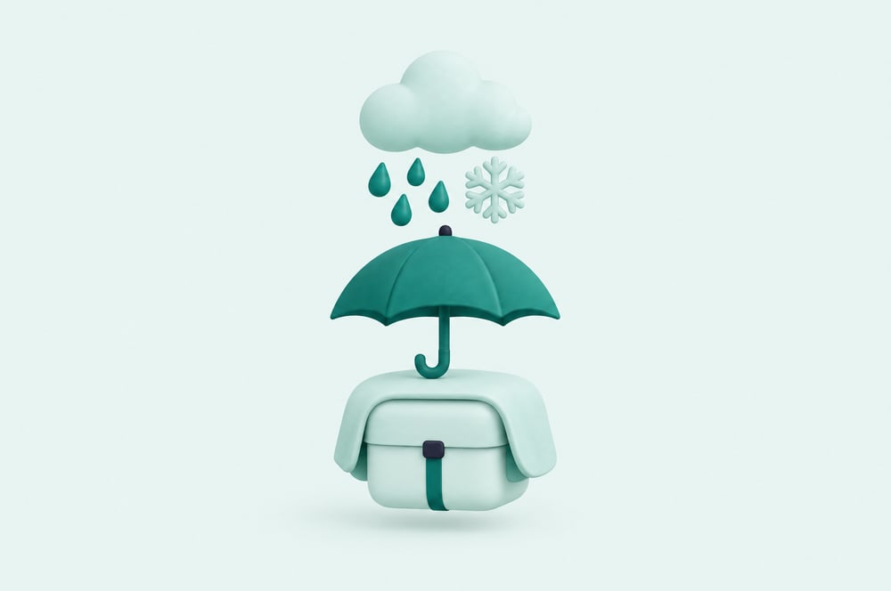 Illustration: Regenschirm, Regenwolke und Schneeflocke