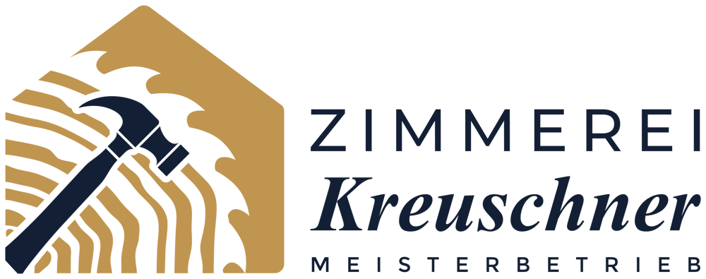 Logo der Zimmerei Kreuschner Meisterbetrieb mit Hammer, Sägeblatt und Hausumriss in Gold und Schwarz.