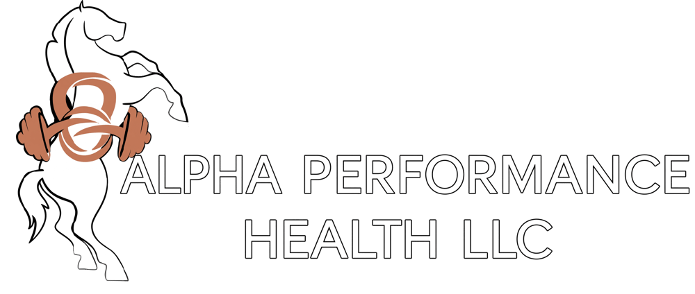 Alpha Performance Health LLC logo featuring a rearing white horse with a barbell and kettlebell on a black background.