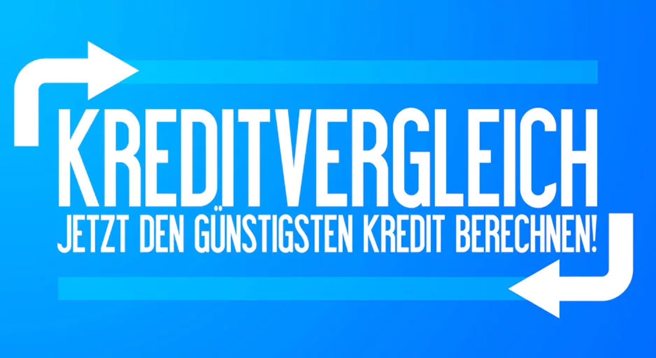 Blauer Banner mit Text Kreditvergleich - Jetzt den günstigsten Kredit berechnen und zwei weißen Pfeilen