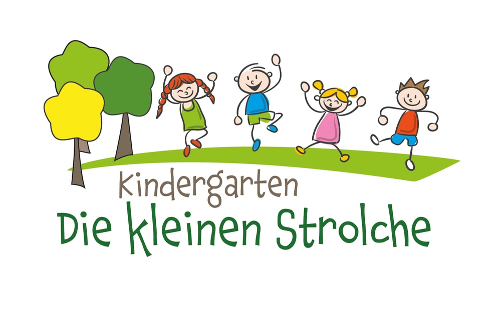 Kindergarten Die kleinen Strolche Logo mit vier Kindern und zwei Bäumen auf einem grünen Hügel.