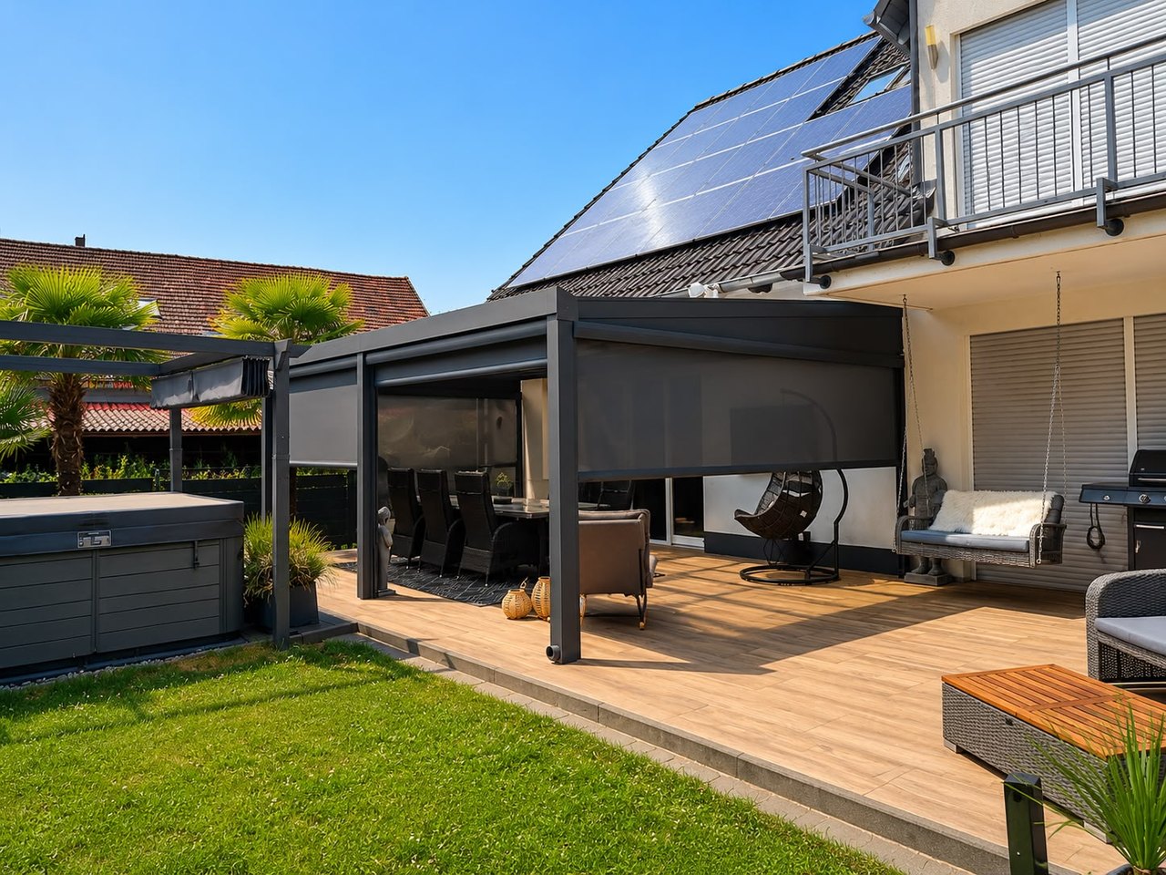 Pergola mit Sonnenschutz auf Holzterrasse