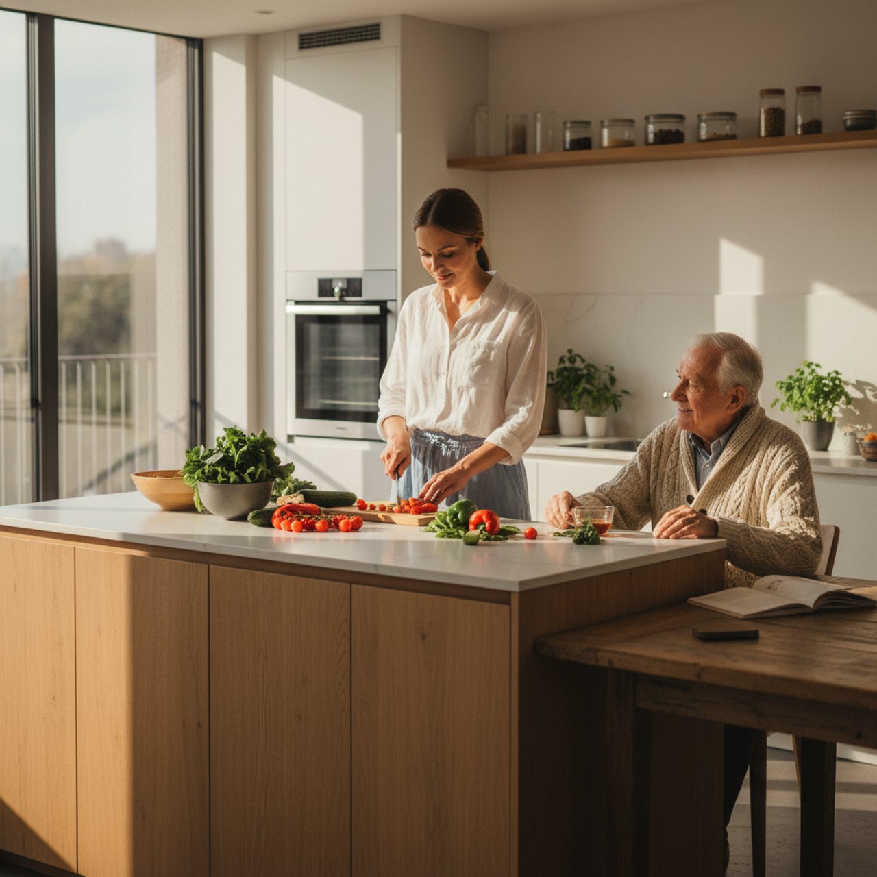 Betreuerin bereitet in der Küche eine Mahlzeit für die betreute Person zu