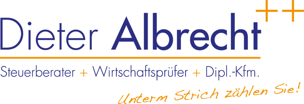 Logo: "Dieter Albrecht Steuerberater + Wirtschaftsprüfer + Dipl.-Kfm. Unterm Strich zählen Sie!" in Blau und Orange.