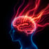 Blauer menschlicher Kopf im Profil mit leuchtendem rotem Gehirn und roten Flammen, die nach oben strömen.