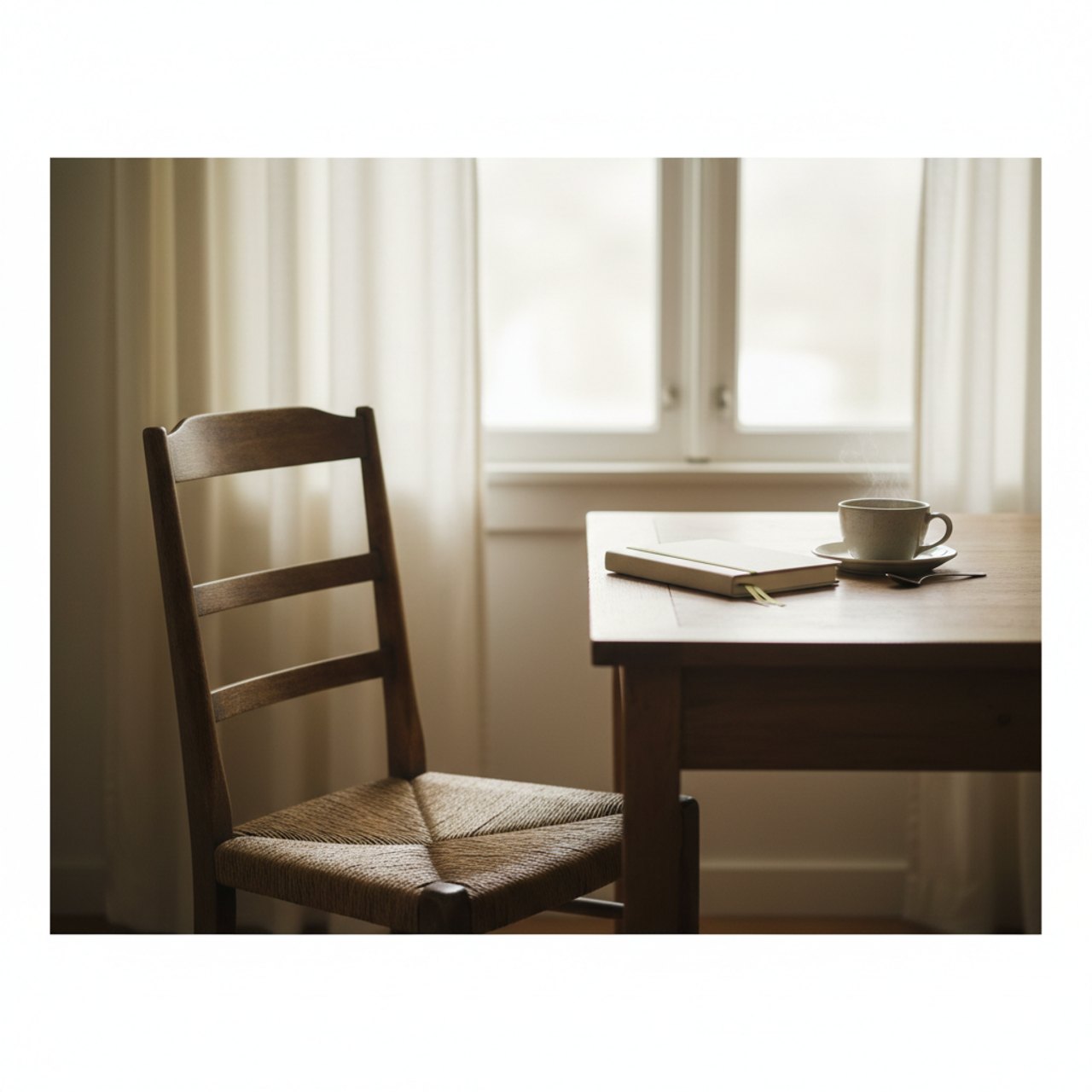 Leerer Schreibtischstuhl am Fenster, daneben ein geschlossenes Notizbuch und eine kalt gewordene Tasse Kaffee