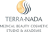 Logo von Terra Nada mit einer gelben Flamme und dunklen Wellen, darunter "MEDICAL BEAUTY COSMETIC STUDIO & AKADEMIE".