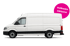 Weißer Lieferwagen mit der Aufschrift "Vollkasko inklusive" in einem magentafarbenen Kreis.