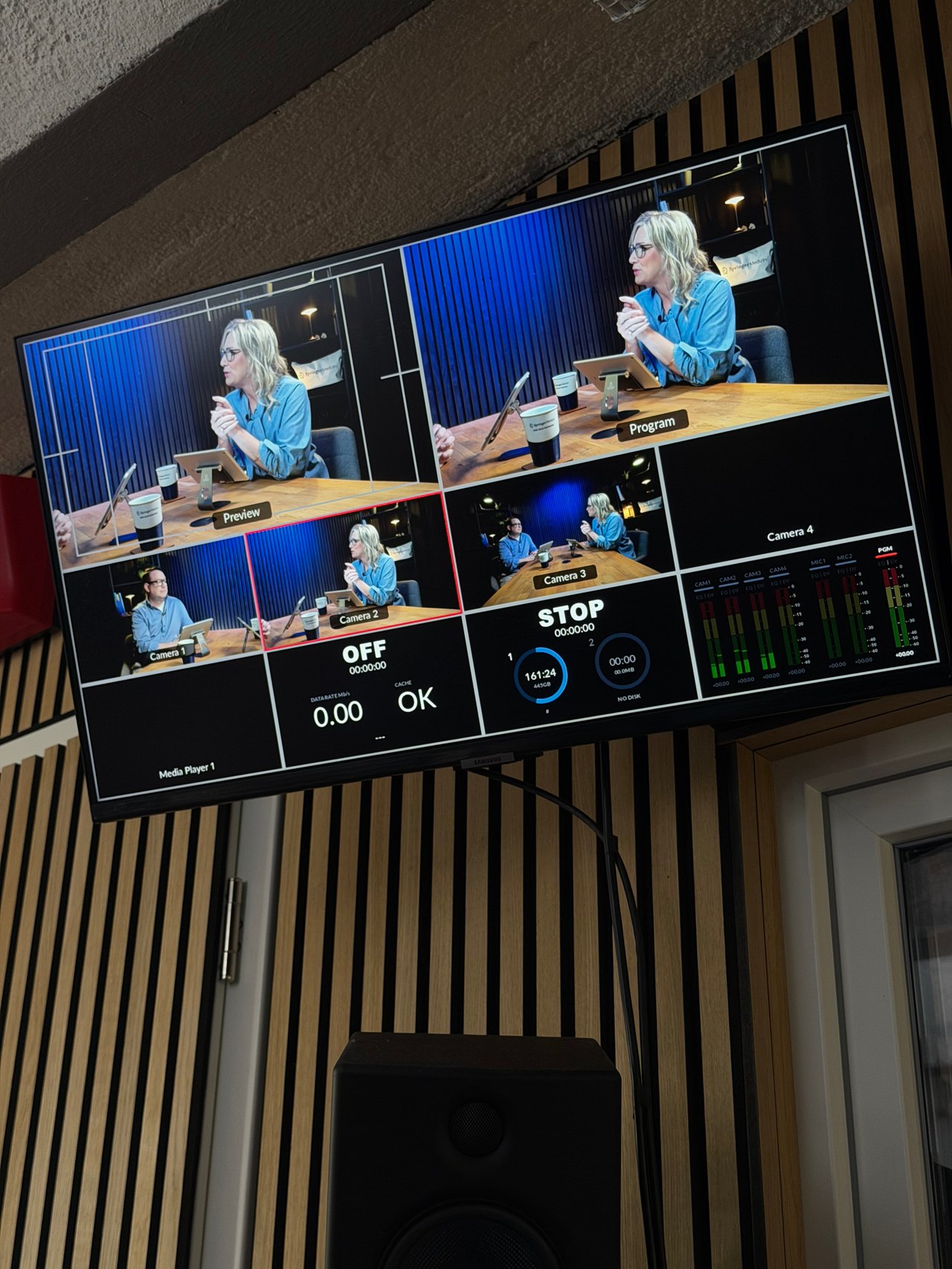 Regie-Monitor mit vier Kameraperspektiven während einer Videopodcast-Aufnahme