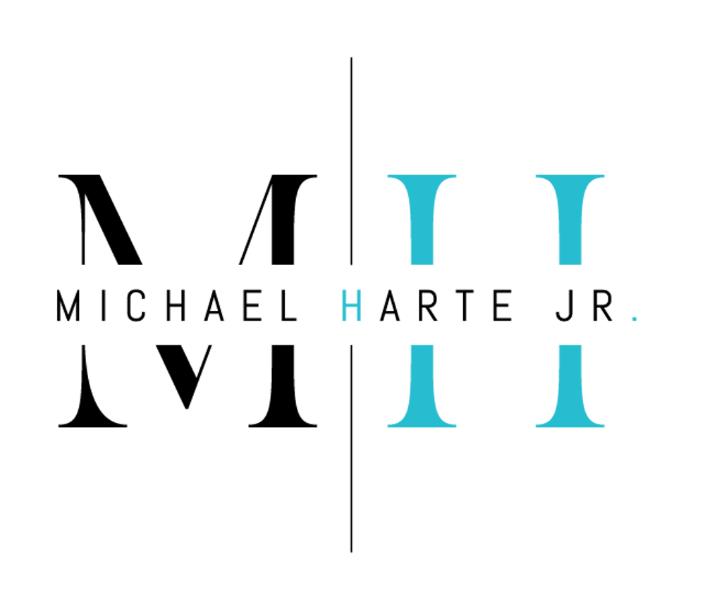 Black and blue "MH" monogram with "MICHAEL HARTE JR." text, split by a vertical line.